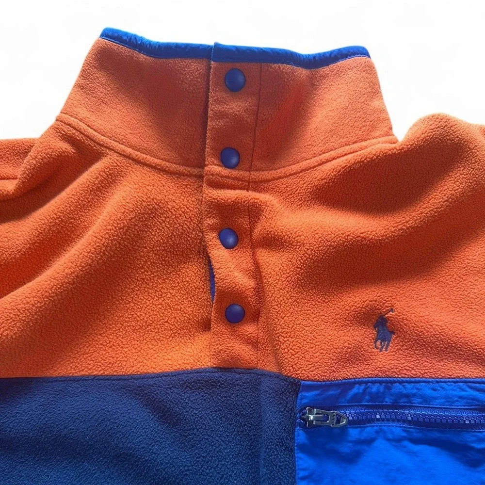Polo‎ Ralph Lauren Men's Blue Orange Pullover 1/4 Button Up Fleece Sweater L